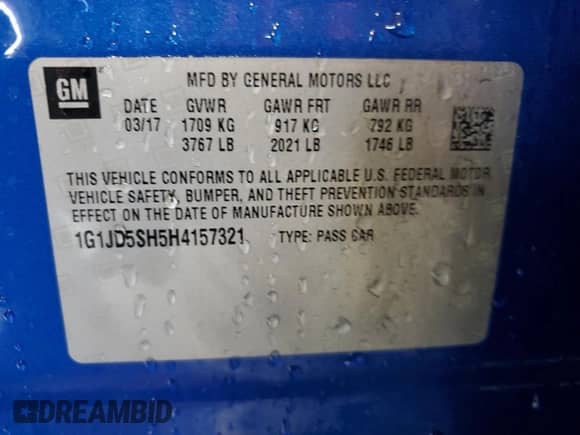 2017 Chevrolet Sonic LT with VIN 1G1JD5SH5H4157321, listed as a Copart auction lot 44606665 with 119,445 mi miles and Salvage title. Bid and sale history available at DreamBid. Image 12.