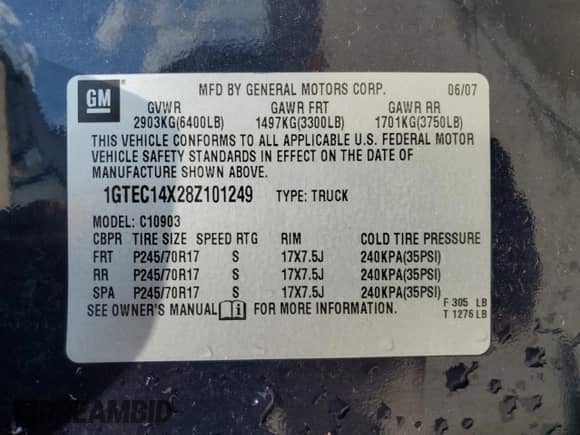 2008 GMC Sierra 1500 Work Truck with VIN 1GTEC14X28Z101249, listed as a Copart auction lot 62340205 with 187,015 mi miles and Salvage title. Bid and sale history available at DreamBid. Image 12.