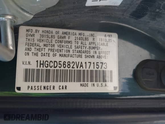 1997 Honda Accord Value z VIN 1HGCD5682VA171573, wystawiony jako IAAI lot #42238337 z przebiegiem 192 929 mil mil oraz . Historia ofert i sprzedaży dostępna na DreamBid. Obrazek 9.
