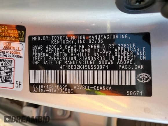 2005 Toyota Camry STD z VIN 4T1BE32K45U553871, wystawiony jako Copart lot #80405685 z przebiegiem 134 707 mil mil oraz Szkoda całkowita • Salvage title. Historia ofert i sprzedaży dostępna na DreamBid. Obrazek 12.