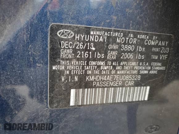 2014 Hyundai Elantra SE with VIN KMHDH4AE7EU085328, listed as a Copart auction lot 87596485 with 105,222 mi miles and Salvage title. Bid and sale history available at DreamBid. Image 15.