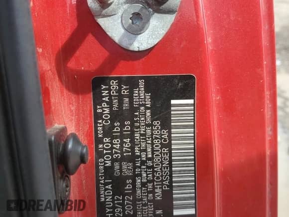 2013 Hyundai Veloster w/Gray Int z VIN KMHTC6AD8DU087858, wystawiony jako Copart lot #61438185 z przebiegiem Nie podano mil oraz Szkoda całkowita • Salvage title. Historia ofert i sprzedaży dostępna na DreamBid. Obrazek 12.