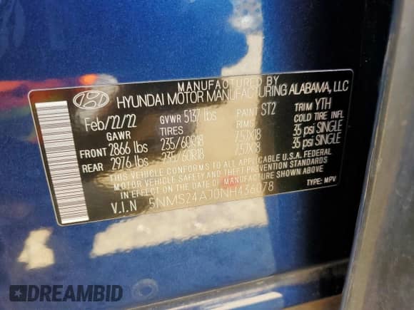 2022 Hyundai Santa Fe SEL with VIN 5NMS24AJ0NH436078, listed as a Copart auction lot 71046835 with 59,842 mi miles and Salvage title. Bid and sale history available at DreamBid. Image 13.