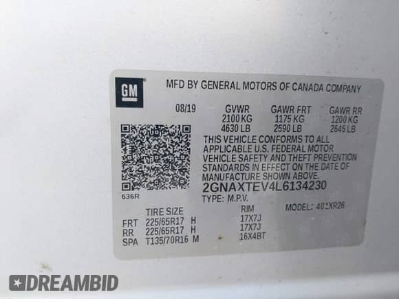 2020 Chevrolet Equinox LT with VIN 2GNAXTEV4L6134230, listed as a IAAI auction lot 43399800 with 122,008 mi miles and . Bid and sale history available at DreamBid. Image 9.