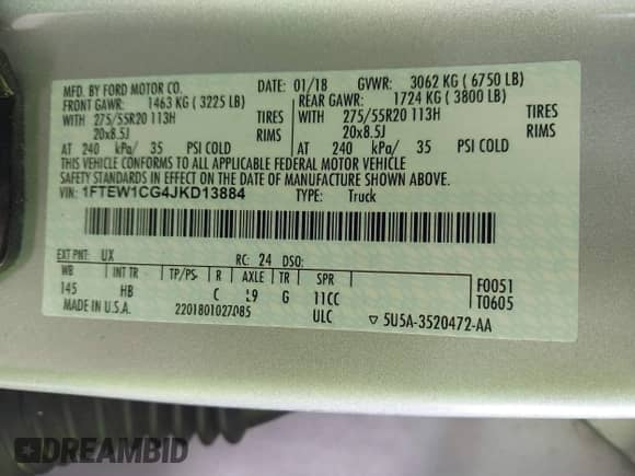 2018 Ford F-150 XL z VIN 1FTEW1CG4JKD13884, wystawiony jako IAAI lot #43204926 z przebiegiem 162 084 mil mil oraz . Historia ofert i sprzedaży dostępna na DreamBid. Obrazek 9.