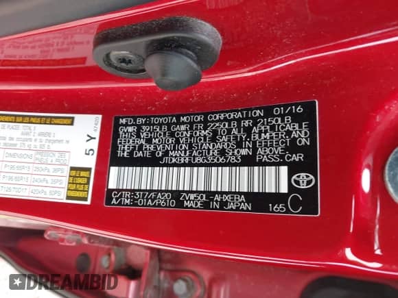 2016 Toyota Prius Two with VIN JTDKBRFU8G3506783, listed as a IAAI auction lot 41936228 with 172,288 mi miles and . Bid and sale history available at DreamBid. Image 9.