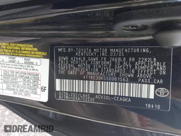 2005 Toyota Camry LE with VIN 4T1BE30K55U061563, listed as a IAAI auction lot 43179072 with 118,381 mi miles and . Bid and sale history available at DreamBid. Image 9.