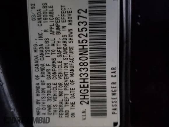 1992 Honda Civic с VIN 2HGEH3380NH525372, выставлен на аукционе Copart как лот 81586224 с пробегом 175 779 миль миль и Списание • Salvage title. История ставок и продаж доступна на DreamBid. Изображение 12.