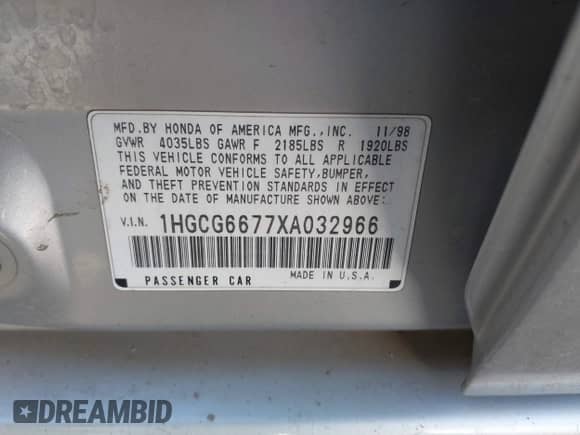 1999 Honda Accord EX with VIN 1HGCG6677XA032966, listed as a IAAI auction lot 43132911 with 219,402 mi miles and . Bid and sale history available at DreamBid. Image 9.