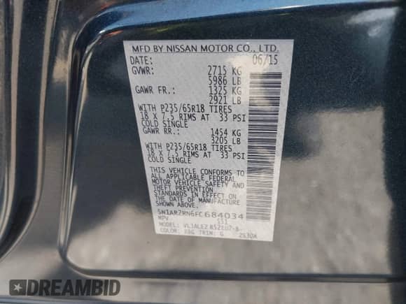 2015 Nissan Pathfinder S с VIN 5N1AR2MN6FC684034, выставлен на аукционе IAAI как лот 42215080 с пробегом 136 412 миль миль и . История ставок и продаж доступна на DreamBid. Изображение 9.