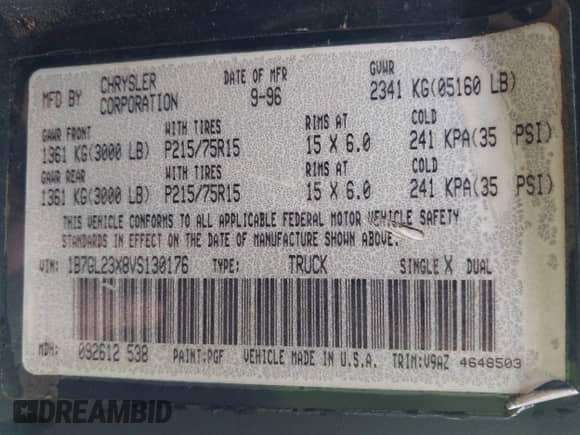 1997 Dodge Dakota с VIN 1B7GL23X8VS130176, выставлен на аукционе IAAI как лот 41808664 с пробегом 161 552 миль миль и . История ставок и продаж доступна на DreamBid. Изображение 9.