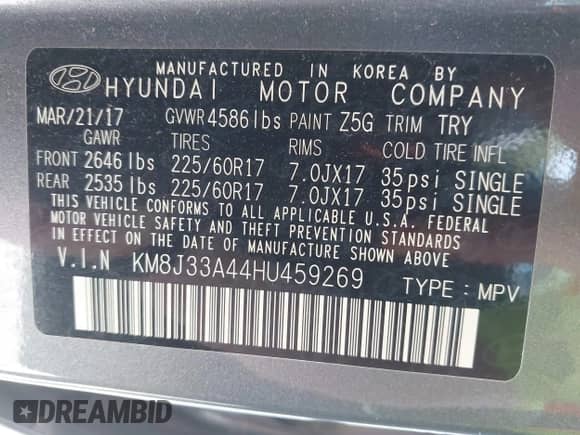 2017 Hyundai Tucson SE with VIN KM8J33A44HU459269, listed as a IAAI auction lot 42664365 with 99,602 mi miles and . Bid and sale history available at DreamBid. Image 9.