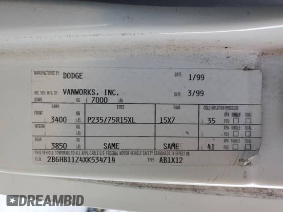 1999 Dodge Cargo with VIN 2B6HB11Z4XK534714, listed as a Copart auction lot 84549145 with 166,882 mi miles and Salvage title. Bid and sale history available at DreamBid. Image 14.