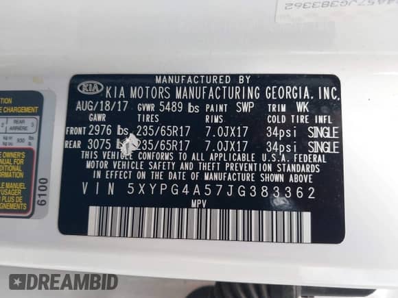 2018 Kia Sorento LX with VIN 5XYPG4A57JG383362, listed as a IAAI auction lot 42584652 with 120,177 mi miles and . Bid and sale history available at DreamBid. Image 9.