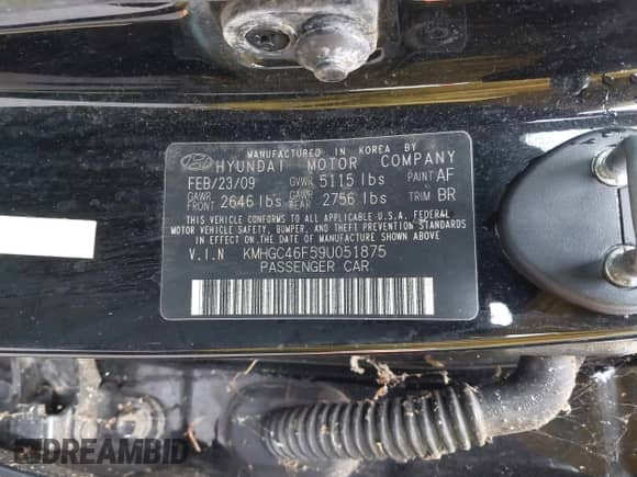 2009 Hyundai Genesis with VIN KMHGC46F59U051875, listed as a IAAI auction lot 42325230 with 192,536 mi miles and . Bid and sale history available at DreamBid. Image 9.