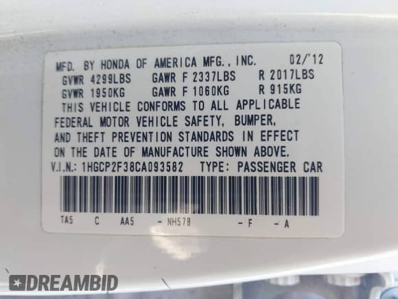 2012 Honda Accord LX с VIN 1HGCP2F38CA093582, выставлен на аукционе IAAI как лот 43145247 с пробегом 219 517 миль миль и . История ставок и продаж доступна на DreamBid. Изображение 9.