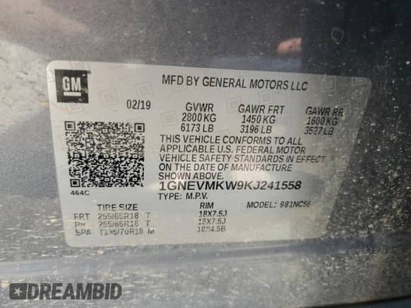 2019 Chevrolet Traverse LT Cloth with VIN 1GNEVMKW9KJ241558, listed as a Copart auction lot 69927705 with 119,266 mi miles and Salvage title. Bid and sale history available at DreamBid. Image 13.