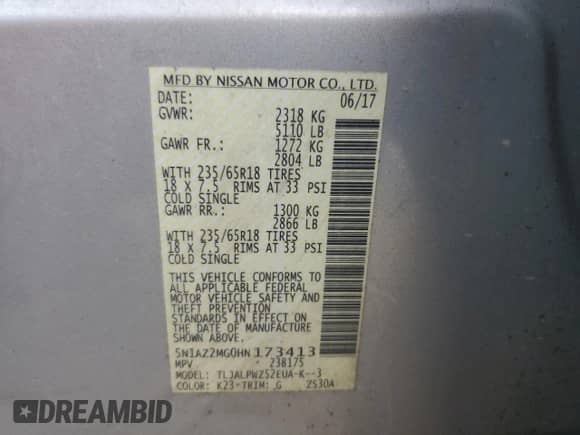 2017 Nissan Murano SV с VIN 5N1AZ2MG0HN173413, выставлен на аукционе Copart как лот 60864755 с пробегом 236 084 миль миль и Чистый • Clean title. История ставок и продаж доступна на DreamBid. Изображение 12.