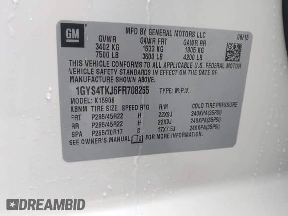 2015 Cadillac Escalade ESV Premium with VIN 1GYS4TKJ6FR708255, listed as a IAAI auction lot 42244621 with 31,407 mi miles and . Bid and sale history available at DreamBid. Image 9.