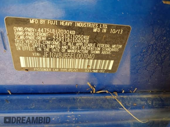 2014 Subaru WRX WRX STI z VIN JF1GV8J65EL007040, wystawiony jako IAAI lot #42781696 z przebiegiem 74 247 mil mil oraz . Historia ofert i sprzedaży dostępna na DreamBid. Obrazek 9.