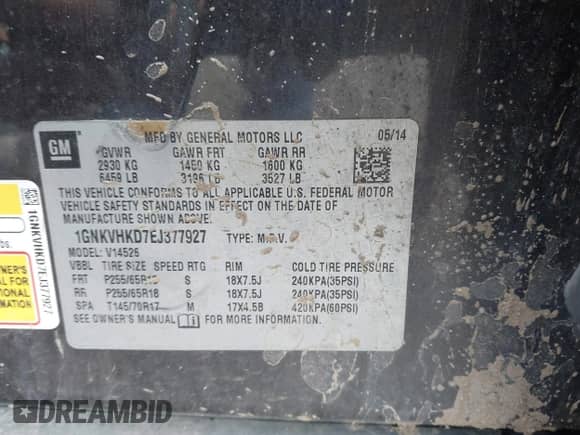 2014 Chevrolet Traverse LT с VIN 1GNKVHKD7EJ377927, выставлен на аукционе IAAI как лот 42308527 с пробегом 186 774 миль миль и . История ставок и продаж доступна на DreamBid. Изображение 9.