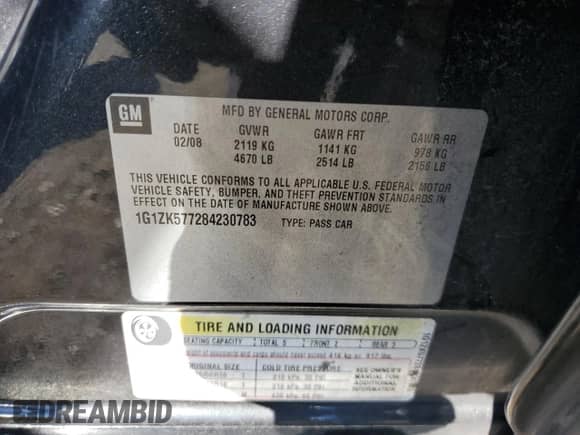 2008 Chevrolet Malibu LTZ with VIN 1G1ZK577284230783, listed as a Copart auction lot 87273475 with 98,304 mi miles and Salvage title. Bid and sale history available at DreamBid. Image 12.