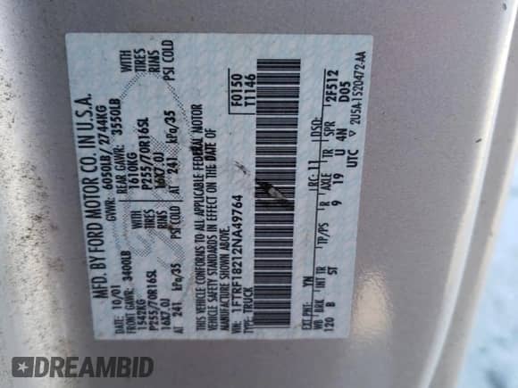 2002 Ford F-150 XL z VIN 1FTRF18212NA49764, wystawiony jako Copart lot #81626174 z przebiegiem Nie podano mil oraz Czysty tytuł • Clean title. Historia ofert i sprzedaży dostępna na DreamBid. Obrazek 12.