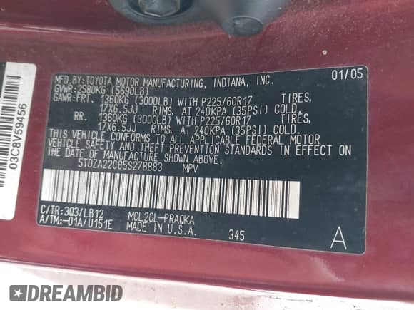 2005 Toyota Sienna XLE with VIN 5TDZA22C85S278883, listed as a IAAI auction lot 42034693 with 85,778 mi miles and . Bid and sale history available at DreamBid. Image 9.