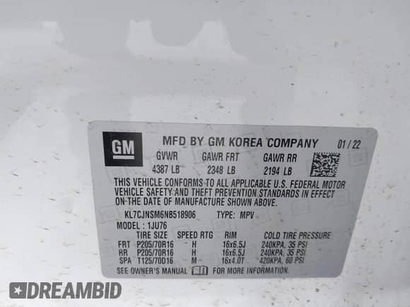 2022 Chevrolet Trax LS z VIN KL7CJNSM6NB518906, wystawiony jako IAAI lot #43379942 z przebiegiem Nie podano mil oraz . Historia ofert i sprzedaży dostępna na DreamBid. Obrazek 9.