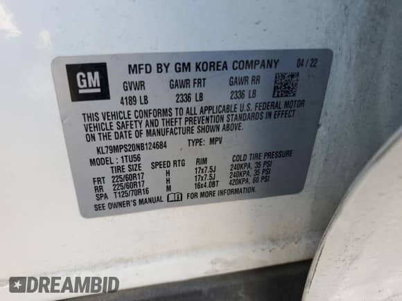 2022 Chevrolet TrailBlazer LT with VIN KL79MPS20NB124684, listed as a Copart auction lot 62757035 with 117,088 mi miles and Clean title. Bid and sale history available at DreamBid. Image 13.