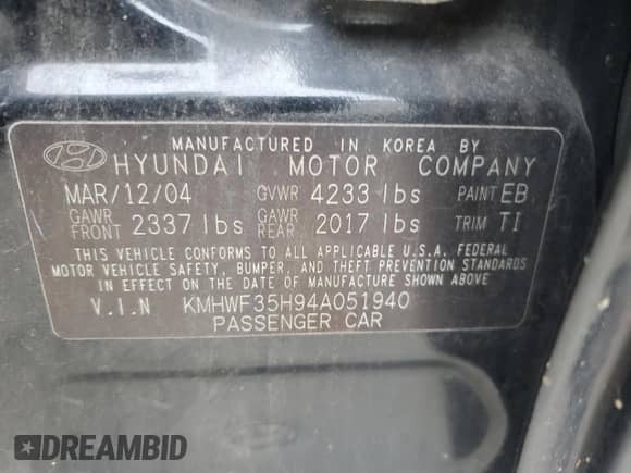 2004 Hyundai Sonata GLS z VIN KMHWF35H94A051940, wystawiony jako Copart lot #73326044 z przebiegiem 88 452 mil mil oraz Szkoda całkowita • Salvage title. Historia ofert i sprzedaży dostępna na DreamBid. Obrazek 12.
