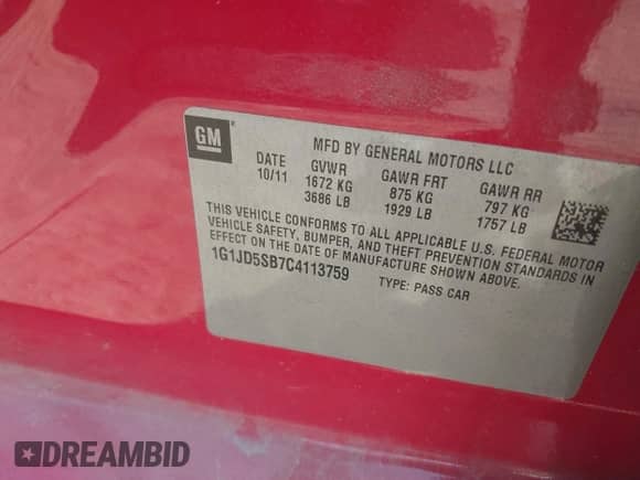 2012 Chevrolet Sonic LT z VIN 1G1JD5SB7C4113759, wystawiony jako IAAI lot #42963002 z przebiegiem 107 837 mil mil oraz . Historia ofert i sprzedaży dostępna na DreamBid. Obrazek 9.