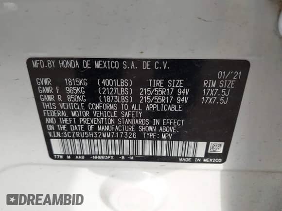 2021 Honda HR-V LX с VIN 3CZRU5H32MM717326, выставлен на аукционе IAAI как лот 42403659 с пробегом 45 104 миль миль и . История ставок и продаж доступна на DreamBid. Изображение 9.