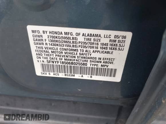 2006 Honda Pilot EX-L z VIN 5FNYF18506B025580, wystawiony jako IAAI lot #42708519 z przebiegiem 186 235 mil mil oraz . Historia ofert i sprzedaży dostępna na DreamBid. Obrazek 9.