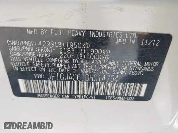 2013 Subaru Impreza Premium с VIN JF1GJAC61DH014794, выставлен на аукционе IAAI как лот 42520587 с пробегом 297 595 миль миль и . История ставок и продаж доступна на DreamBid. Изображение 9.