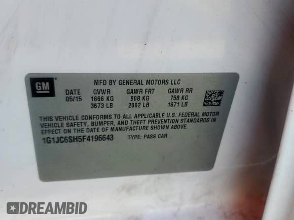 2015 Chevrolet Sonic LT with VIN 1G1JC6SH5F4196643, listed as a Copart auction lot 71075155 with 82,089 mi miles and Salvage title. Bid and sale history available at DreamBid. Image 12.