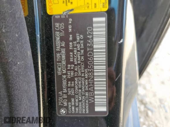 2006 BMW 7 Series 750Li с VIN WBAHN83506DT36420, выставлен на аукционе Copart как лот 81072735 с пробегом 154 785 миль миль и Чистый • Clean title. История ставок и продаж доступна на DreamBid. Изображение 13.