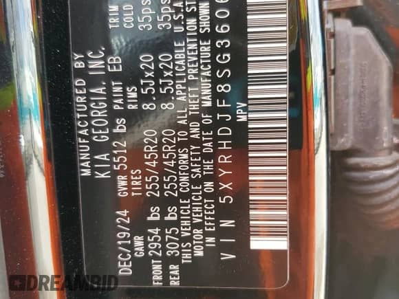 2025 Kia Sorento X-Line EX with VIN 5XYRHDJF8SG360608, listed as a Copart auction lot 65205815 with 2,444 mi miles and Salvage title. Bid and sale history available at DreamBid. Image 13.