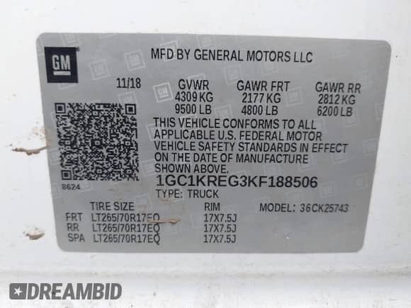2019 Chevrolet Silverado 2500HD Work Truck z VIN 1GC1KREG3KF188506, wystawiony jako IAAI lot #43557496 z przebiegiem 97 430 mil mil oraz . Historia ofert i sprzedaży dostępna na DreamBid. Obrazek 9.