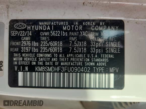 2015 Hyundai Santa Fe GLS z VIN KM8SMDHF3FU090402, wystawiony jako Copart lot #86180285 z przebiegiem 150 355 mil mil oraz Czysty tytuł • Clean title. Historia ofert i sprzedaży dostępna na DreamBid. Obrazek 12.
