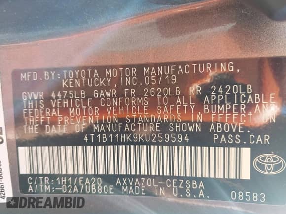 2019 Toyota Camry SE z VIN 4T1B11HK9KU259594, wystawiony jako IAAI lot #43482552 z przebiegiem 112 600 mil mil oraz . Historia ofert i sprzedaży dostępna na DreamBid. Obrazek 9.