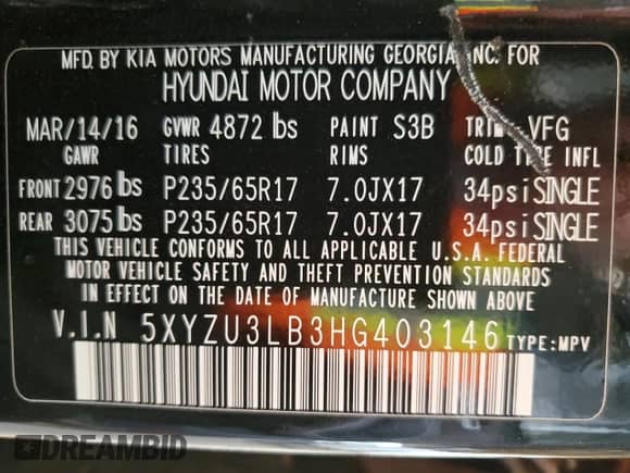 2017 Hyundai Santa Fe 2.4L с VIN 5XYZU3LB3HG403146, выставлен на аукционе Copart как лот 85371445 с пробегом Не указан миль и Списание • Salvage title. История ставок и продаж доступна на DreamBid. Изображение 12.