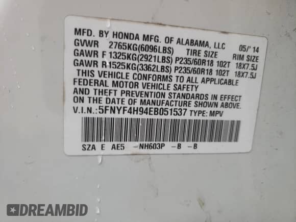 2014 Honda Pilot Touring z VIN 5FNYF4H94EB051537, wystawiony jako Copart lot #86239175 z przebiegiem 128 827 mil mil oraz Czysty tytuł • Clean title. Historia ofert i sprzedaży dostępna na DreamBid. Obrazek 13.