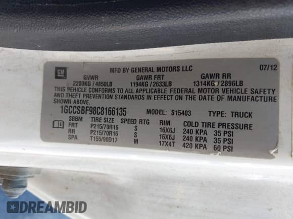 2012 Chevrolet Colorado Work Truck with VIN 1GCCSBF98C8166135, listed as a IAAI auction lot 42552427 with 252,669 mi miles and . Bid and sale history available at DreamBid. Image 9.