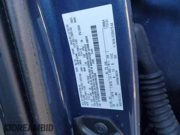 2018 Ford F-150 XL z VIN 1FTEW1CG9JKE46320, wystawiony jako Copart lot #81895774 z przebiegiem Nie podano mil oraz Szkoda całkowita • Salvage title. Historia ofert i sprzedaży dostępna na DreamBid. Obrazek 12.