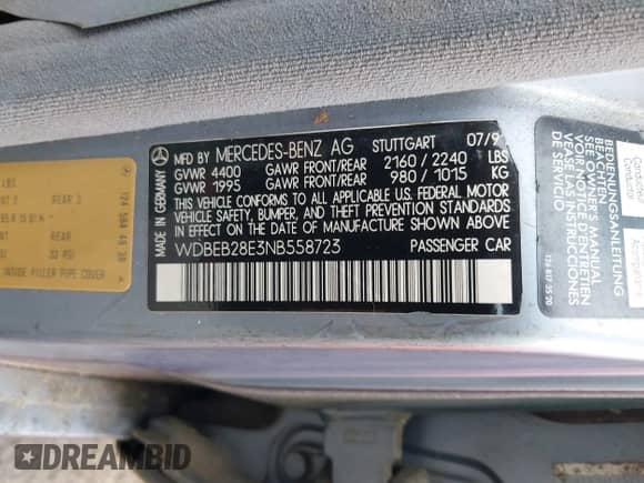 1992 Mercedes-Benz 300 z VIN WDBEB28E3NB558723, wystawiony jako IAAI lot #42354355 z przebiegiem 232 059 mil mil oraz . Historia ofert i sprzedaży dostępna na DreamBid. Obrazek 9.