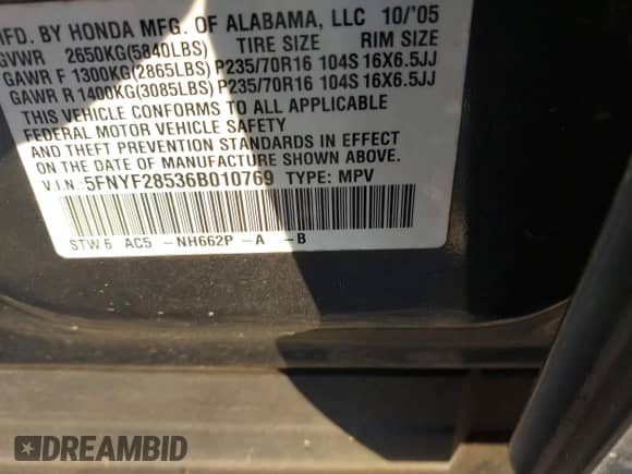 2006 Honda Pilot EX-L z VIN 5FNYF28536B010769, wystawiony jako IAAI lot #43464954 z przebiegiem 279 291 mil mil oraz . Historia ofert i sprzedaży dostępna na DreamBid. Obrazek 9.