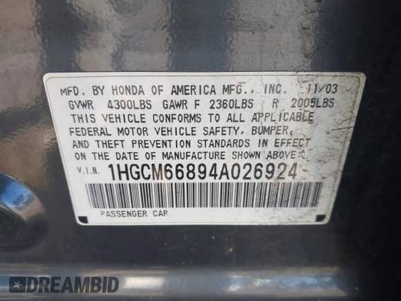 2004 Honda Accord EX с VIN 1HGCM66894A026924, выставлен на аукционе IAAI как лот 43078225 с пробегом 189 053 миль миль и . История ставок и продаж доступна на DreamBid. Изображение 9.