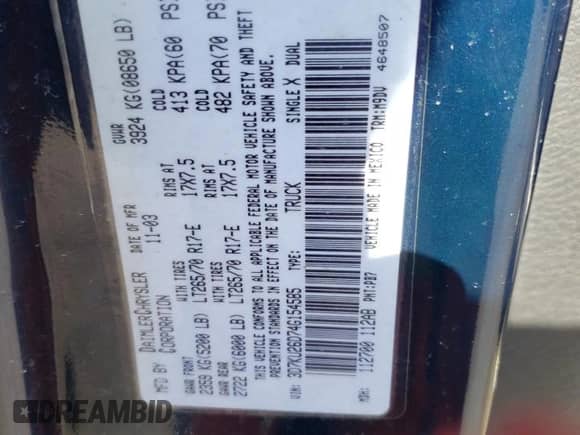 2004 Dodge 2500 SLT with VIN 3D7KU26D74G154585, listed as a Copart auction lot 48235775 with 148,502 mi miles and Salvage title. Bid and sale history available at DreamBid. Image 12.