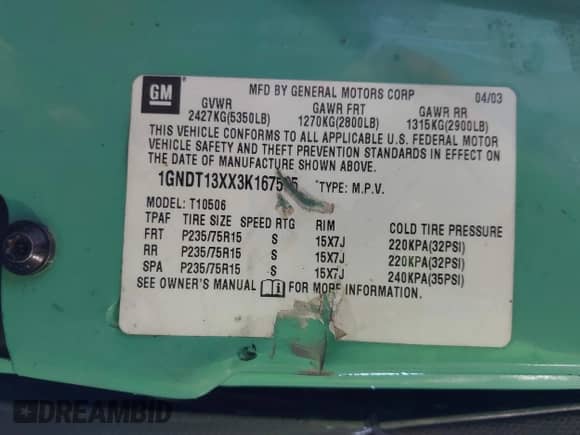 2003 Chevrolet Blazer LS with VIN 1GNDT13XX3K167585, listed as a IAAI auction lot 43350748 with 157,980 mi miles and . Bid and sale history available at DreamBid. Image 9.